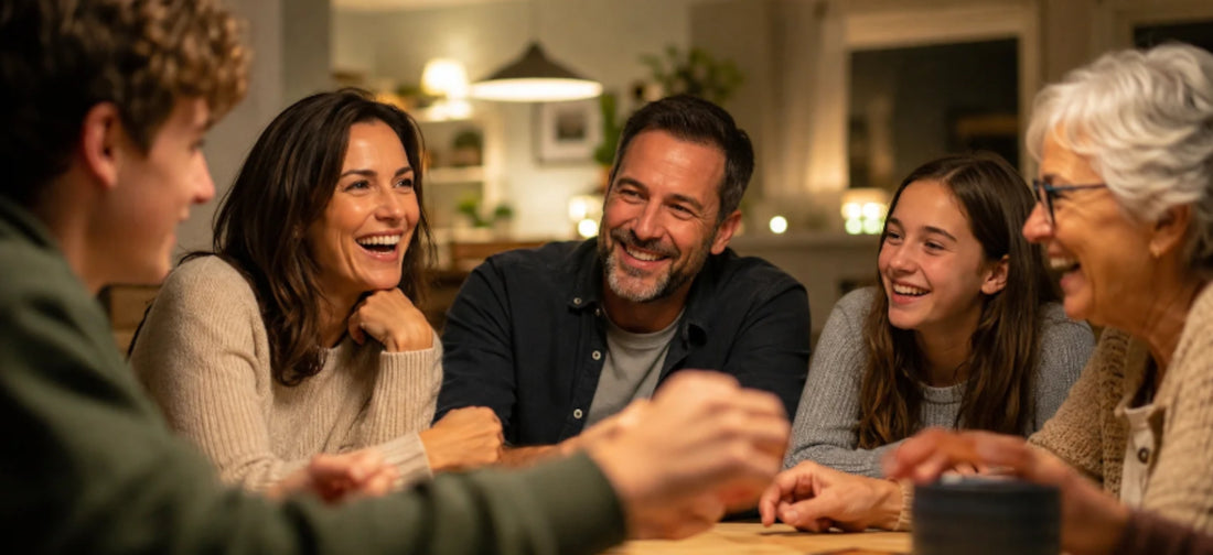 Three generations laugh around a table