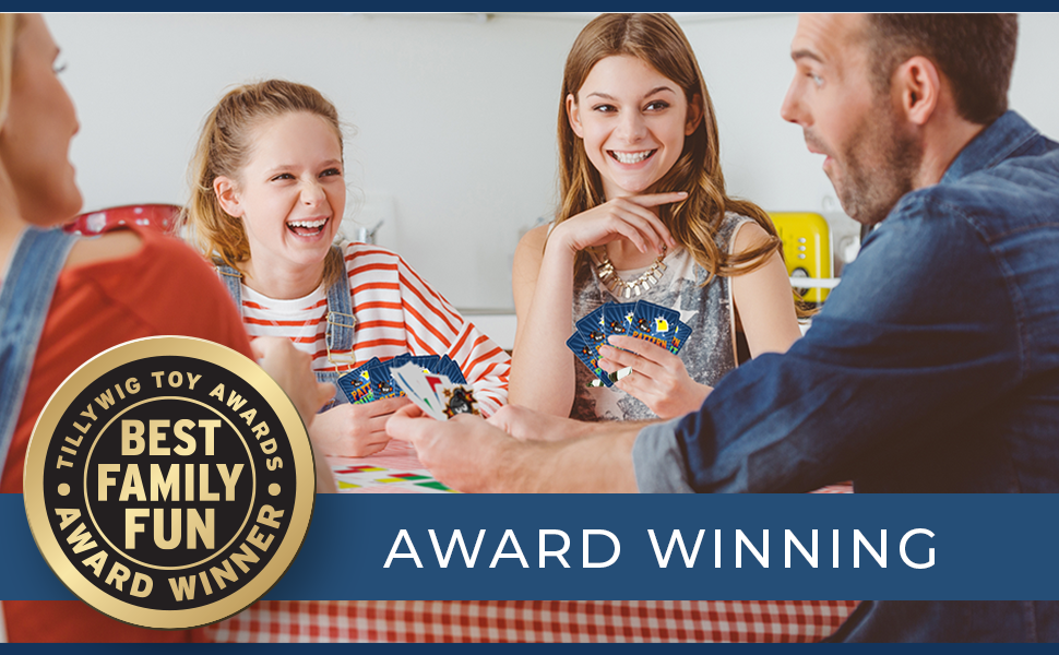 Family playing cards together with a Tillywig Toy Awards Best Family Fun Award Winner badge.