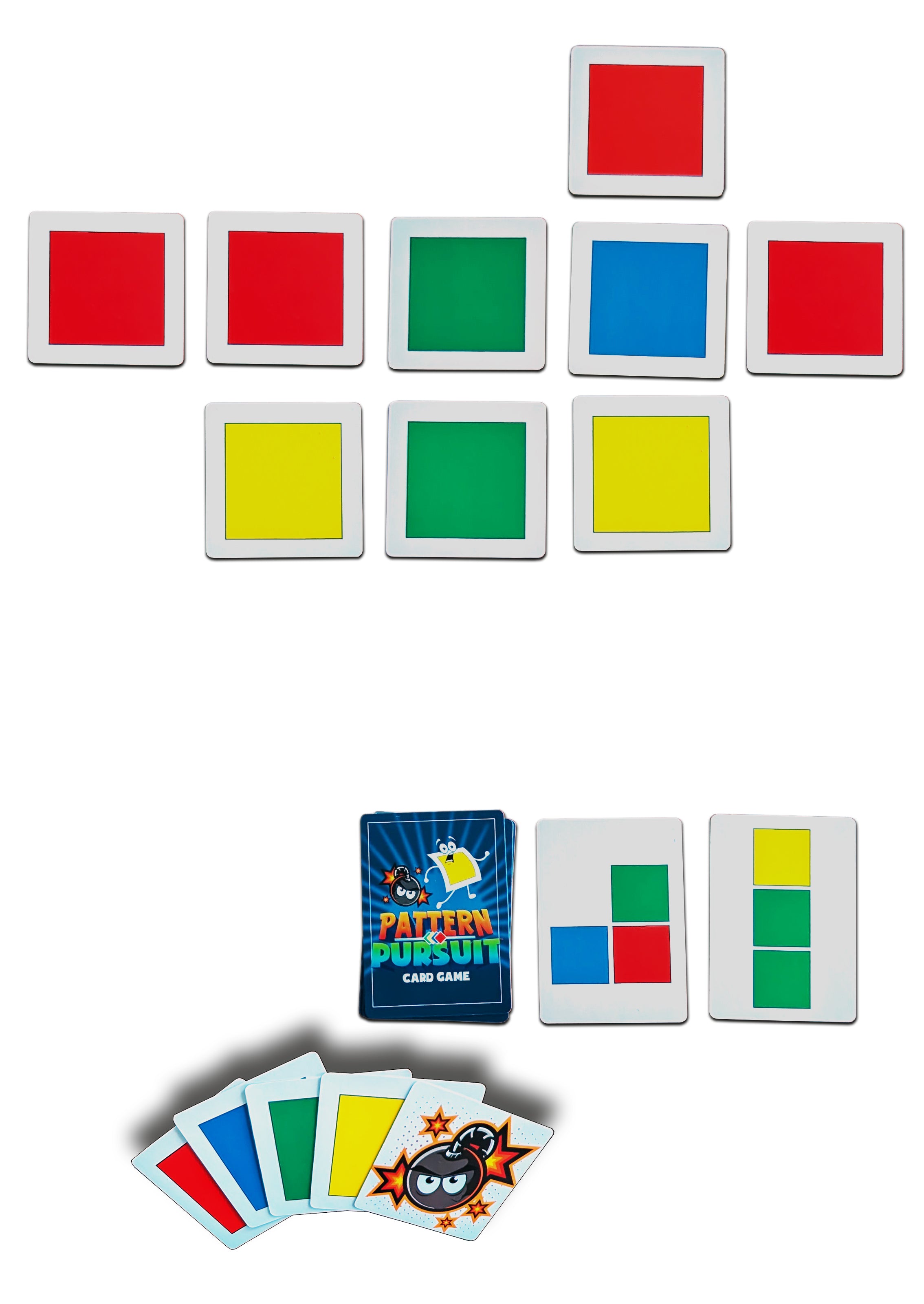 Color pattern matching game with cards and packaging on a white background