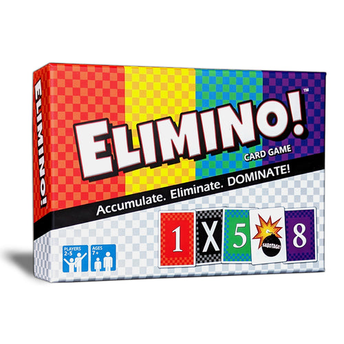 A card game box for Elimino Card Game with a colorful design and the game's name displayed prominently.