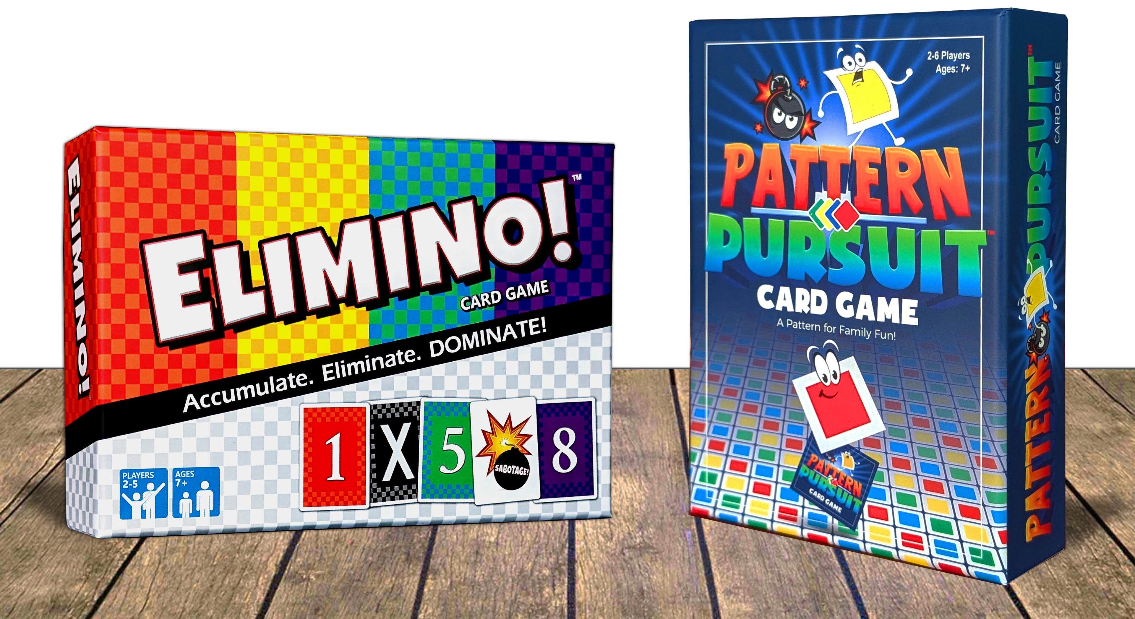 Two card game boxes, 'Elimino!' and 'Pattern & Pursuit', on a wooden surface.