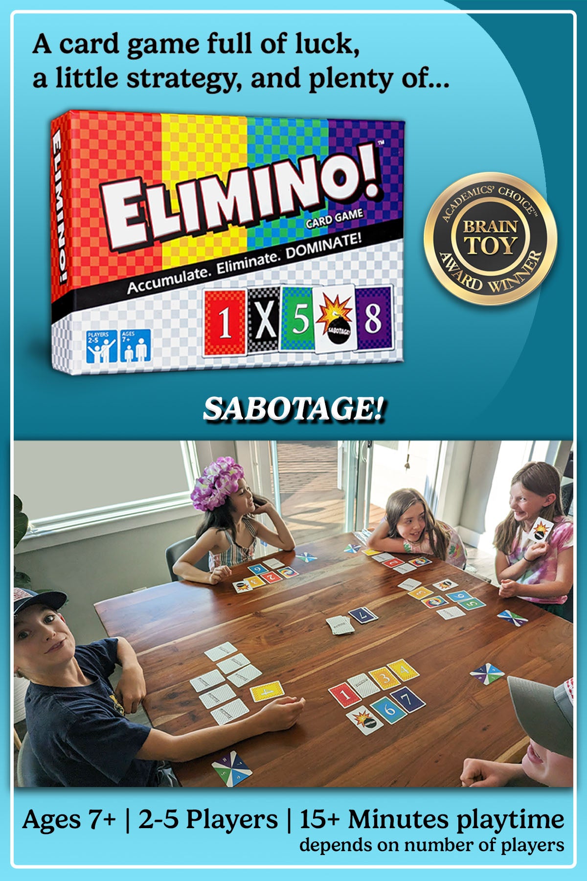 Elimino card game box with children playing the game, featuring a Brain Toy Award badge.
