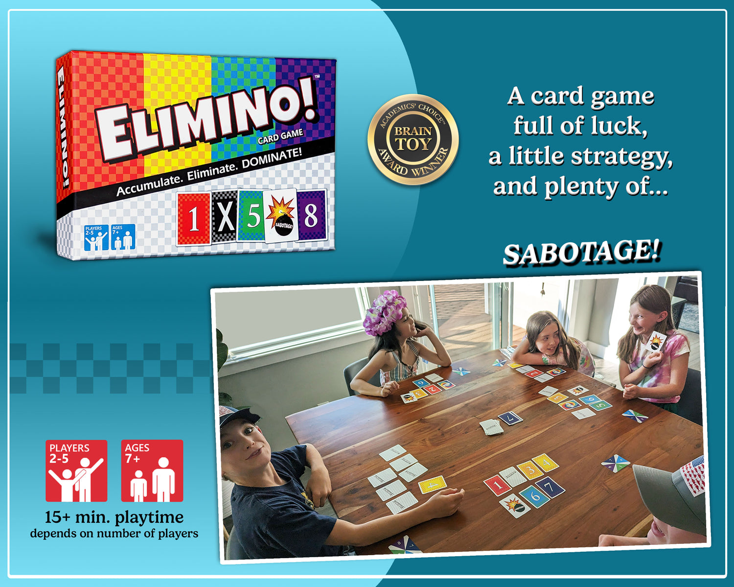 Elimino card game box with children playing the game, featuring a Brain Toy Award badge.