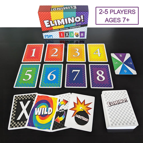 Elimino game with cards shown and stats posted for 2-5 players ages 7+