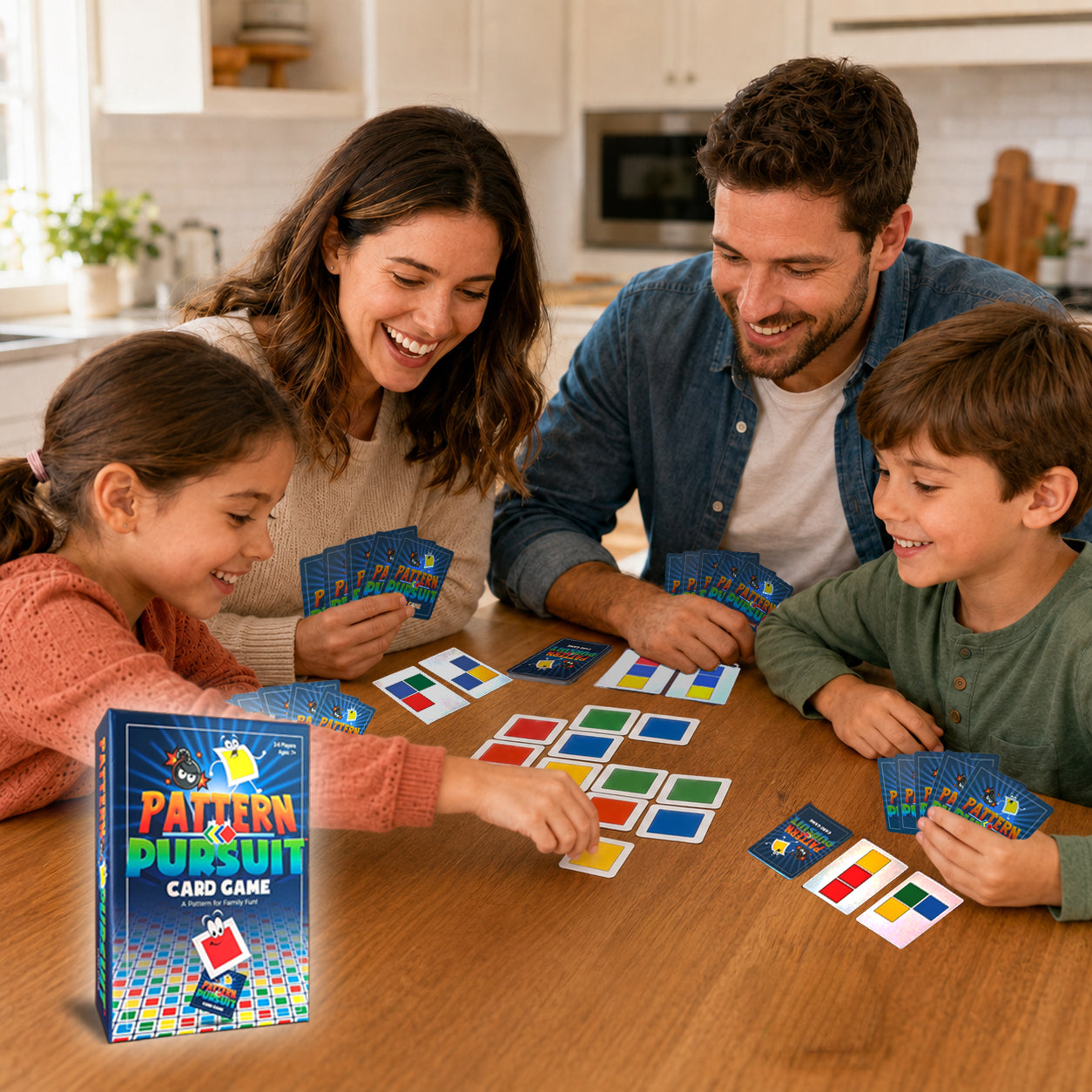 Family with parents and kids playing tile card game on table with Pattern Pursuit game box