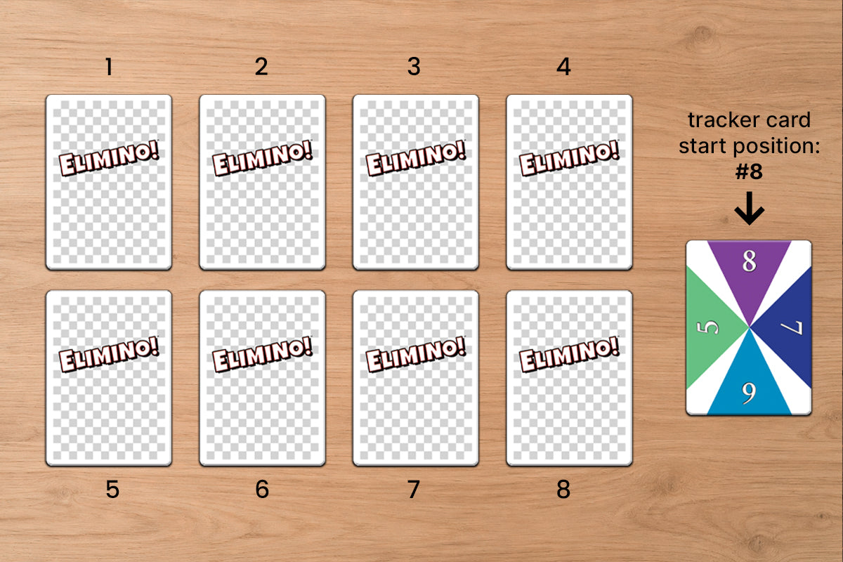 Set of eight 'ELIMINO!' cards on a wooden surface with a tracker card on the right.