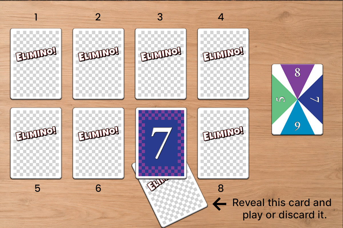 Card game setup with cards labeled 'ELIMINO!' and a card with numbers on a wooden surface.
