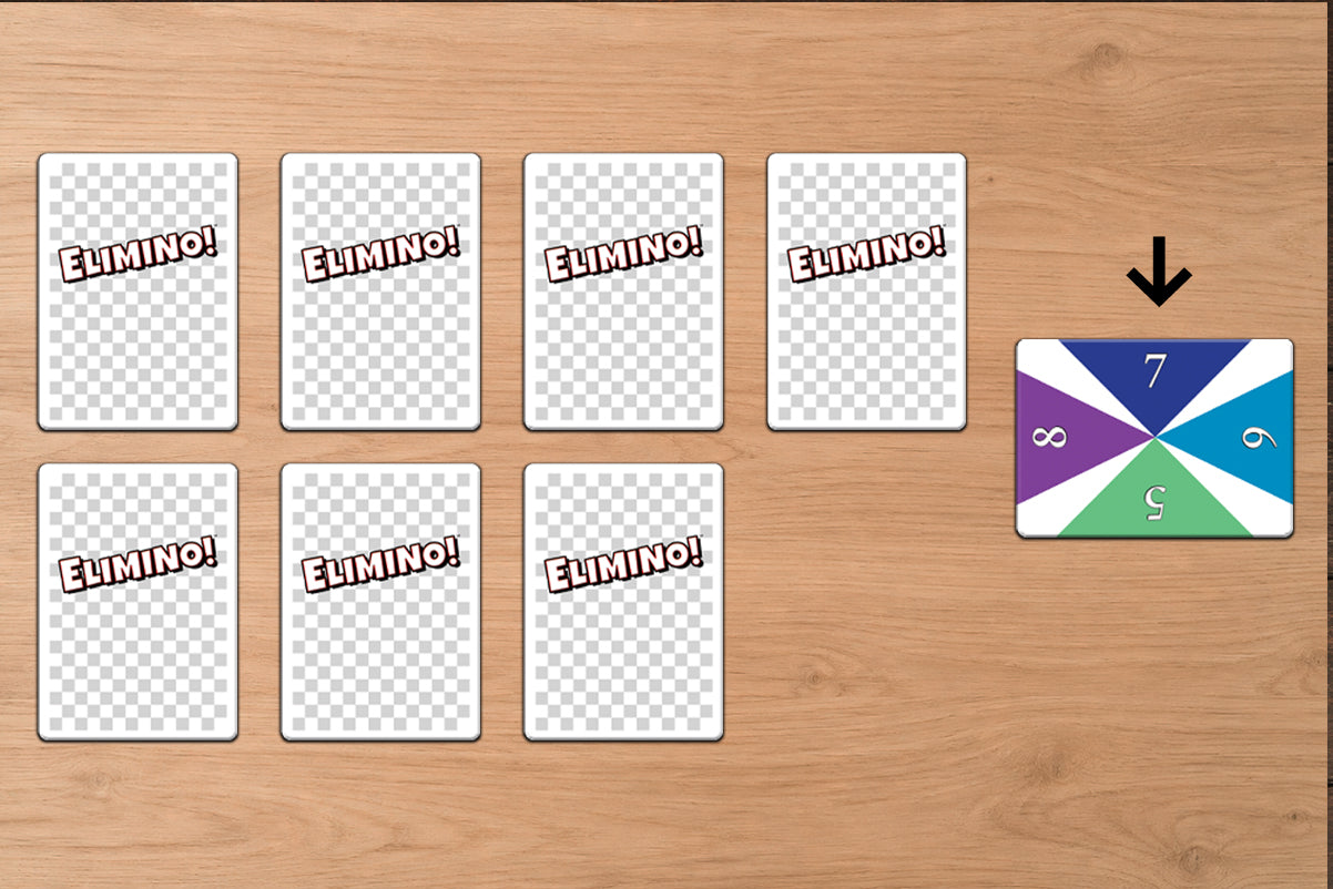 Set of cards labeled 'ELIMINO!' on a wooden surface with a colorful card featuring numbers.