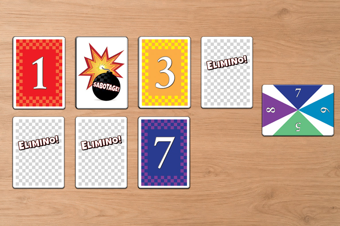 Colorful playing cards with numbers and sabotage on a wooden surface