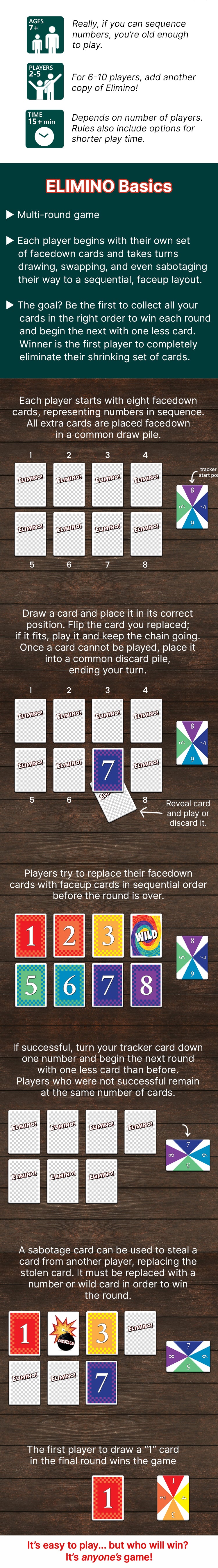 How to Play Elimino with colorful cards on a wood surface