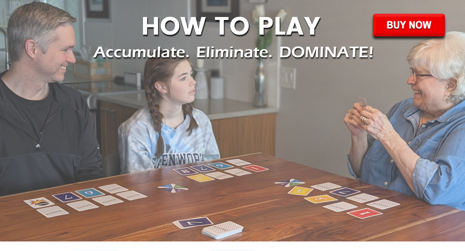Three people playing a card game around a table 