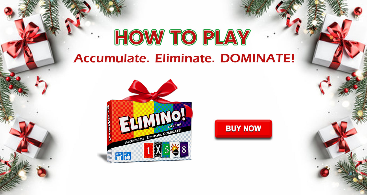 Elimino! game box with Christmas decorations on a white background