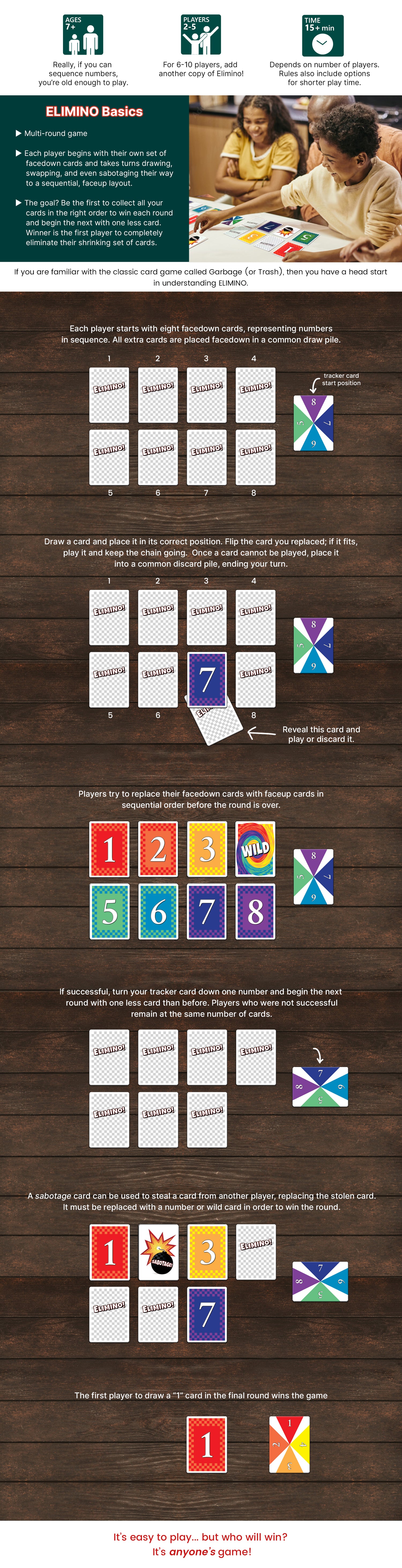 How to Play Elimino with colorful cards on a wood surface