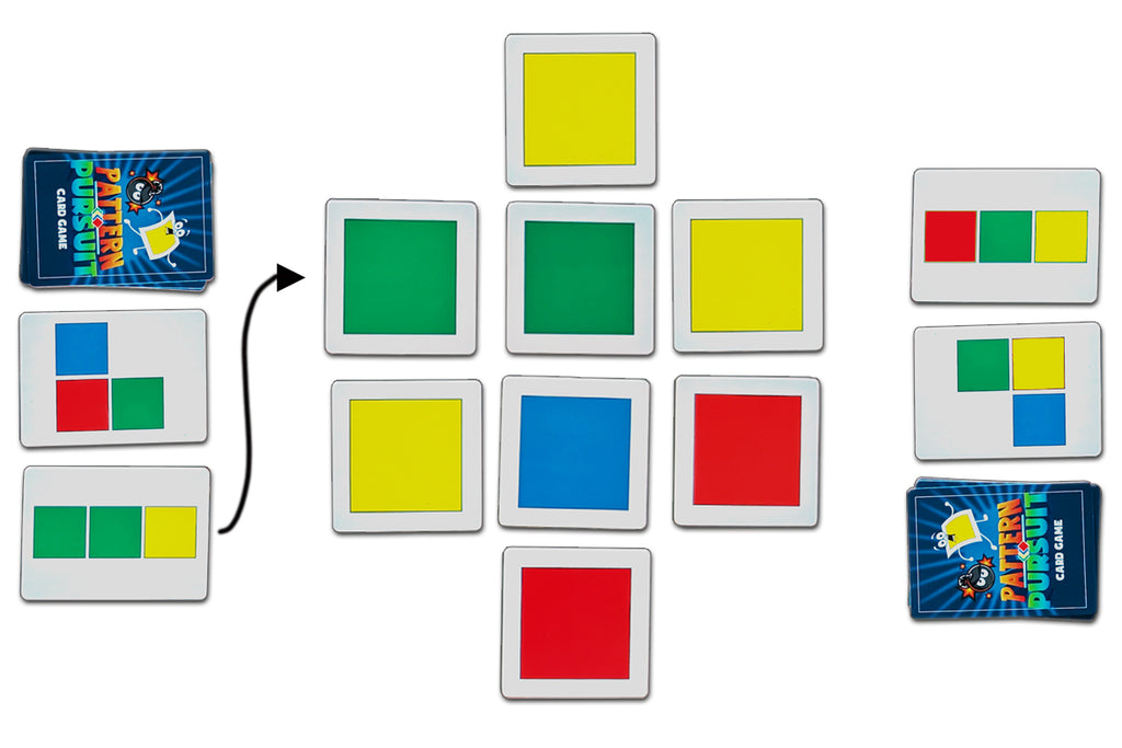 Color pattern building game with cards and square tiles on a white background