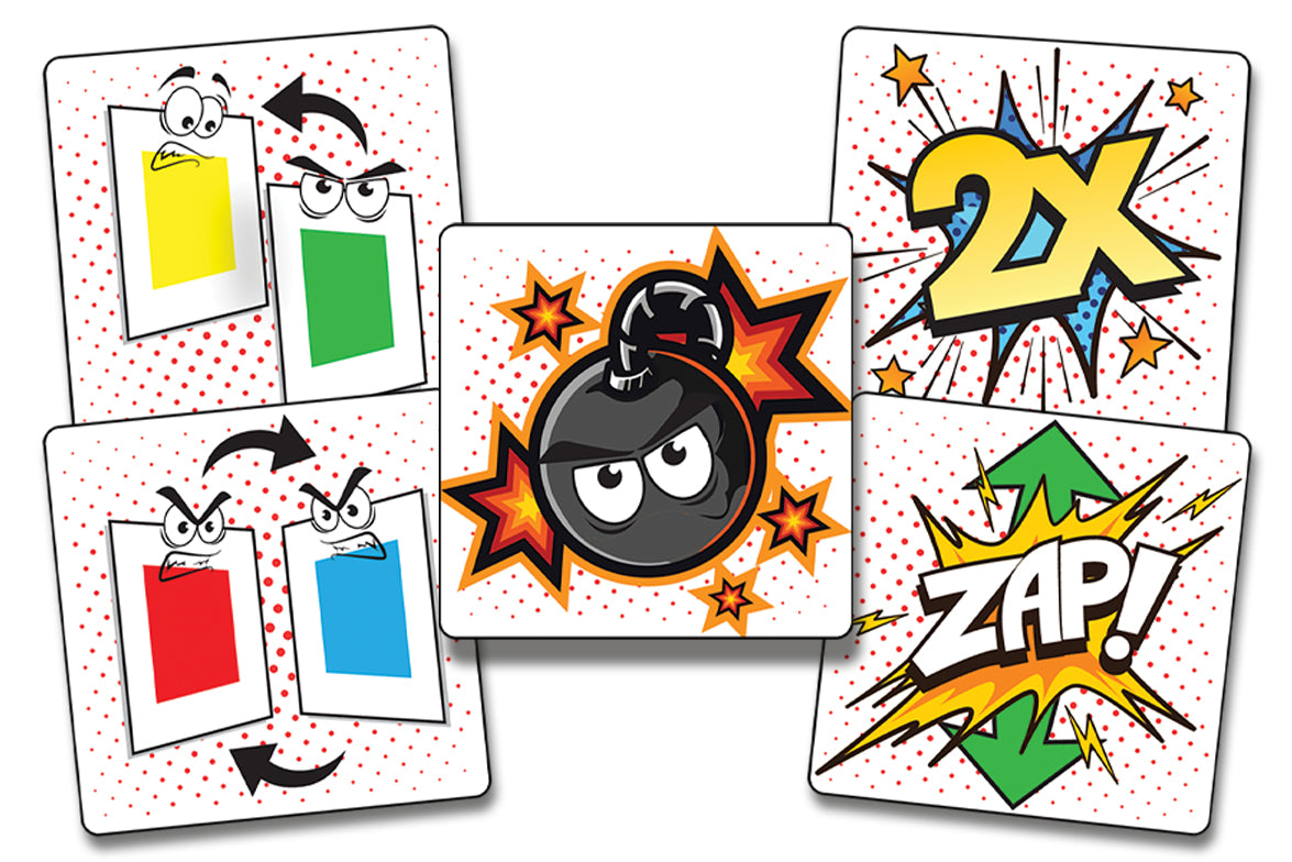 Cartoon-style playing cards with colorful designs and text on a white background