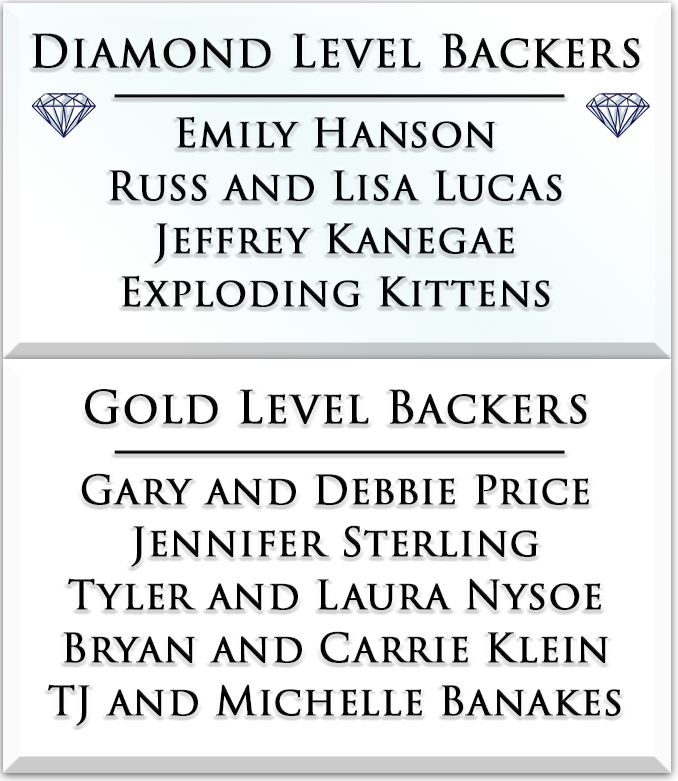 List of Diamond Level Backers and Gold Level Backers with names on a white background