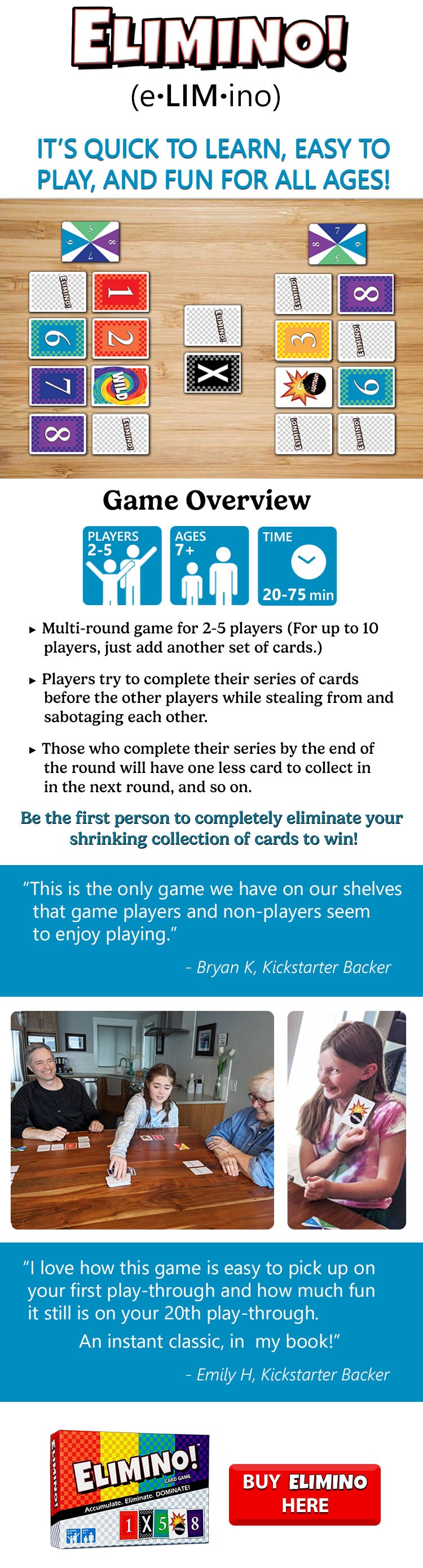 Text: "It's quick to learn, easy to play, and fun for all ages! Game overview: Multi-round game for 2-5 players (for up to 10 players, just add another set of cards). Players try to complete their series of cards before the other players while stealing from and sabotaging each other to try to get ahead. Those who complete their series by the end of the round will have one less card to collect in the next round (and so on). Winner is the first to eliminate all of their cards after multiple rounds." 