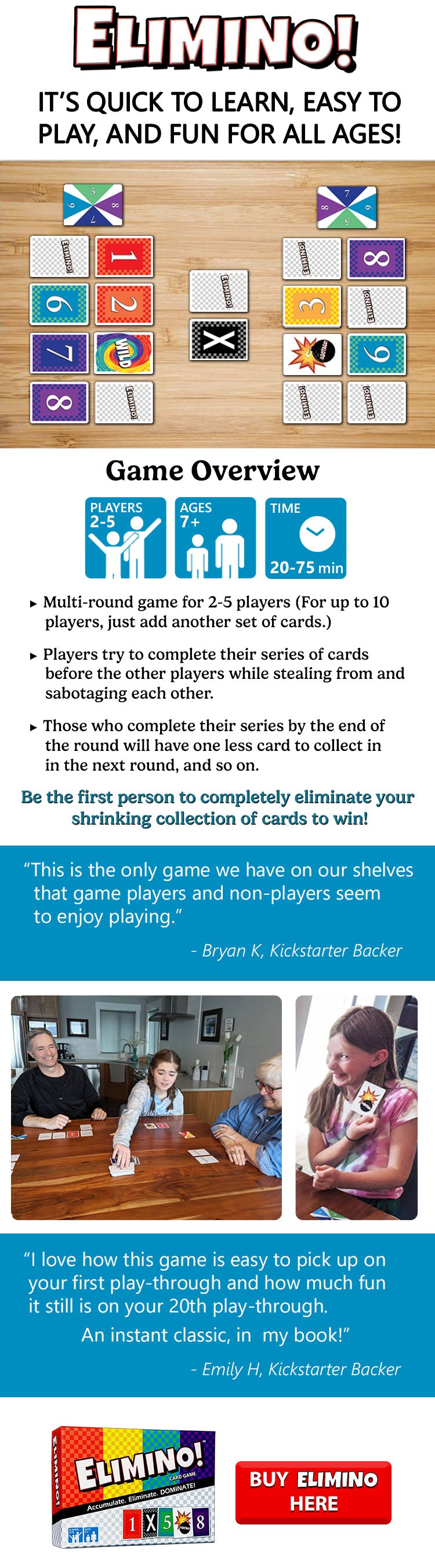 Reviews and overview for the game 'Elimino!' with images of kids, parents, and grandparents playing.