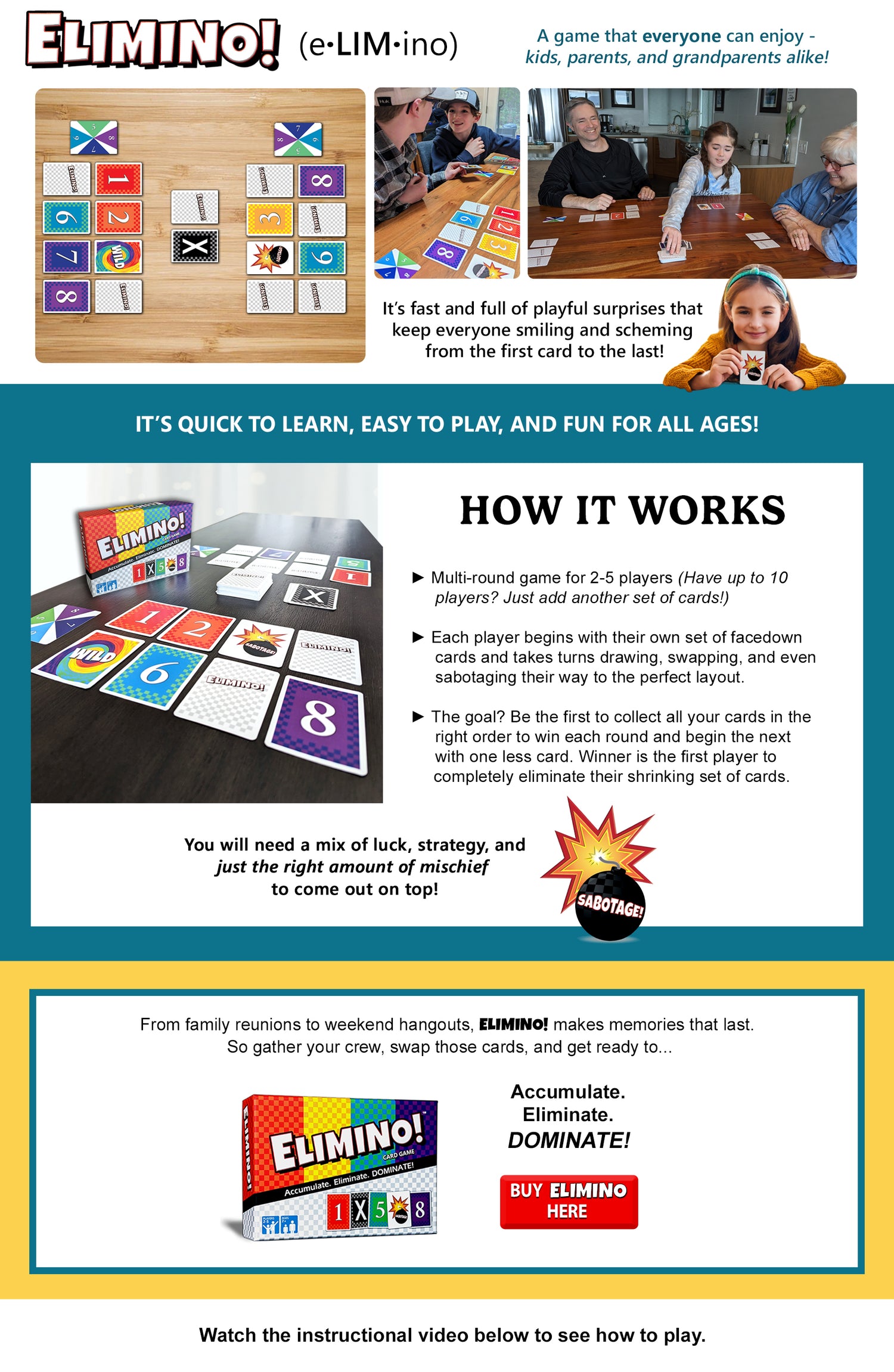 Great for grandparents and grandkids! Text: "It's quick to learn, easy to play, and fun for all ages! Game overview: Multi-round game for 2-5 players (for up to 10 players, just add another set of cards). Players try to complete their series of cards before the other players while stealing from and sabotaging each other to try to get ahead. Those who complete their series by the end of the round will have one less card to collect in the next round (and so on)."  