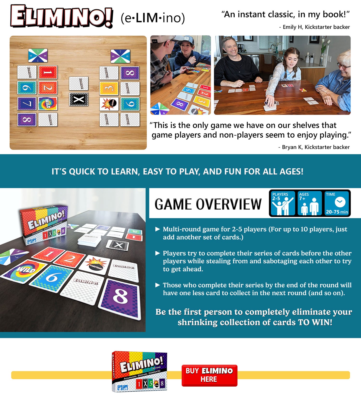 Text: "It's quick to learn, easy to play, and fun for all ages! Game overview: Multi-round game for 2-5 players (for up to 10 players, just add another set of cards). Players try to complete their series of cards before the other players while stealing from and sabotaging each other to try to get ahead. Those who complete their series by the end of the round will have one less card to collect in the next round (and so on). Winner is the first to eliminate all of their cards after multiple rounds." 