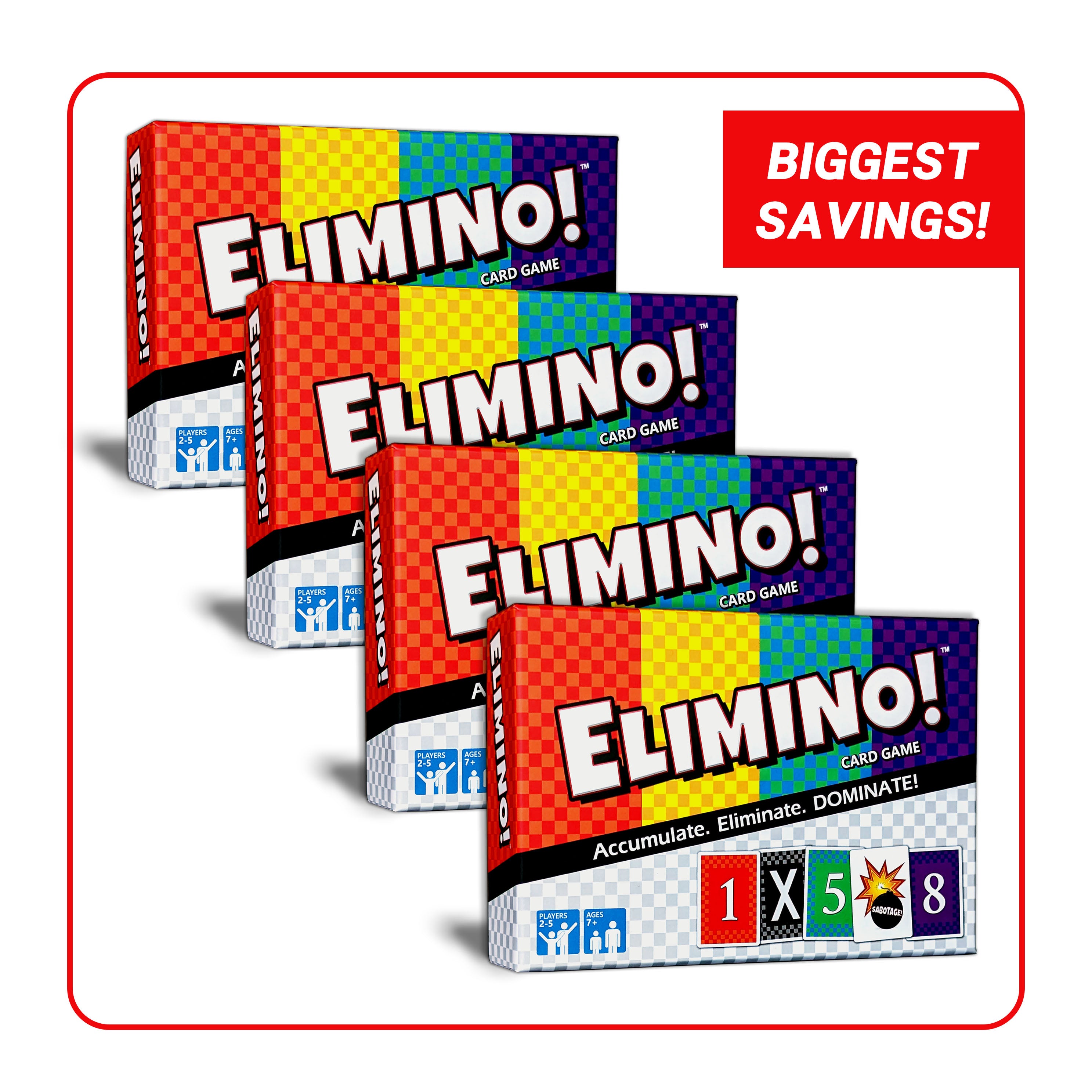 Multiple boxes of 'Elimino!' card game with colorful designs and promotional text.