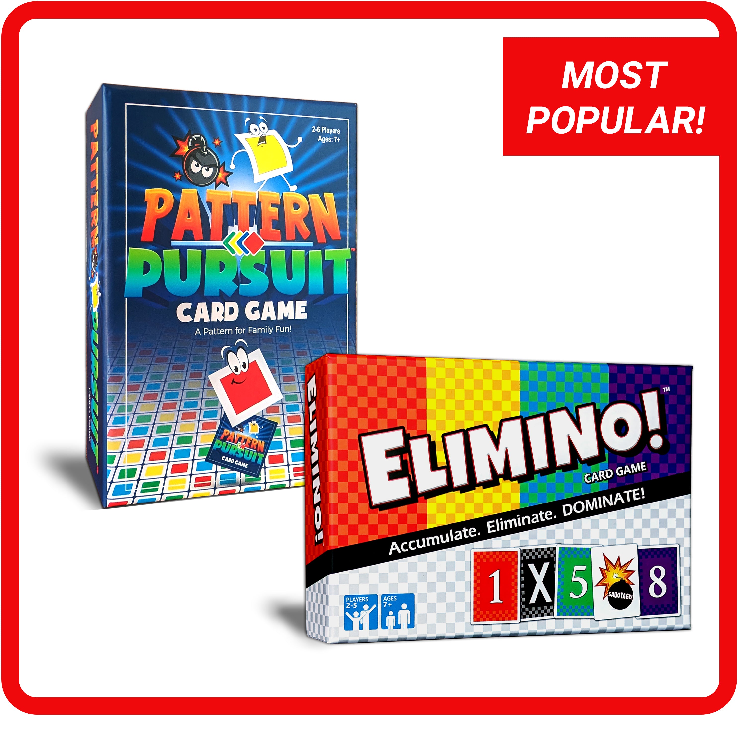 Two card game boxes, 'Pattern Pursuit' and 'Elimino!', with 'Most Popular!' text on a white background.