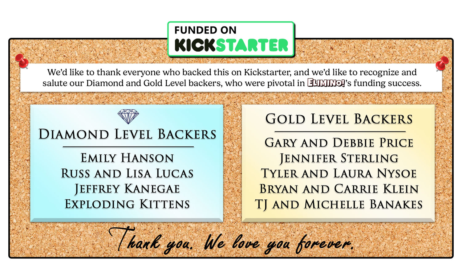 Cork board with names of Diamond and Gold Level backers from a funded Kickstarter campaign, thanking supporters.