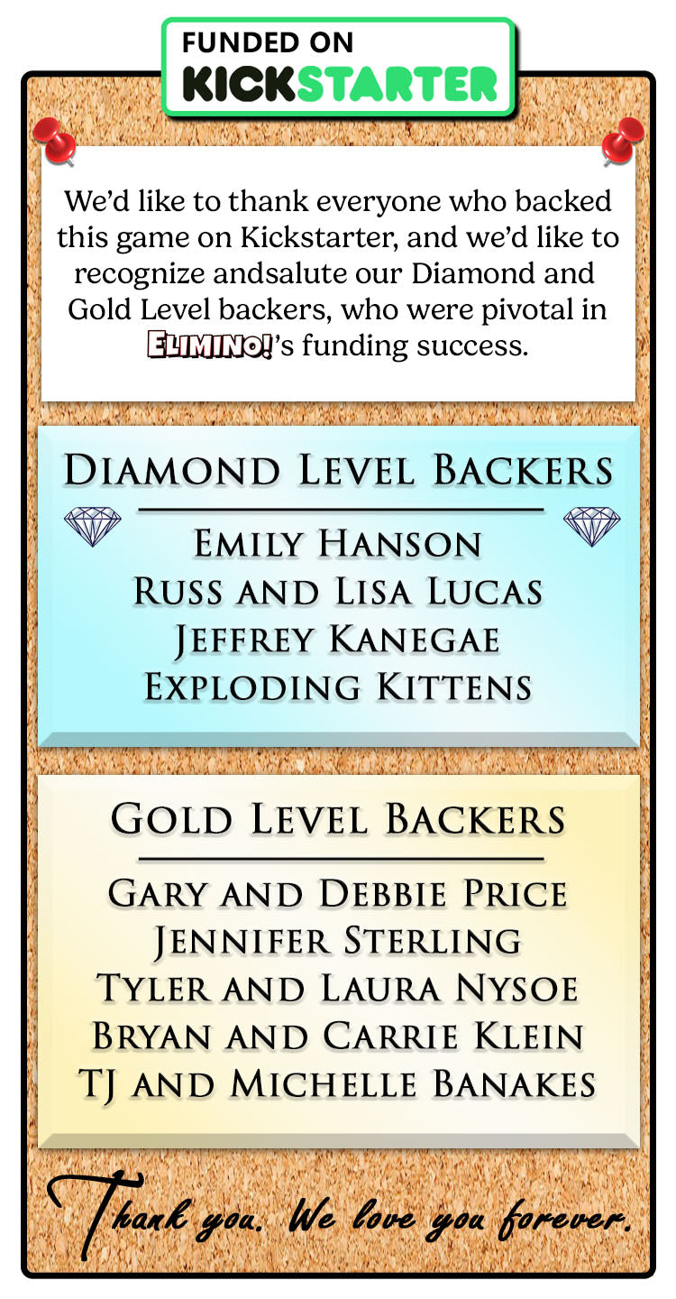 Cork board with names of Diamond and Gold Level backers from a funded Kickstarter campaign, thanking supporters.