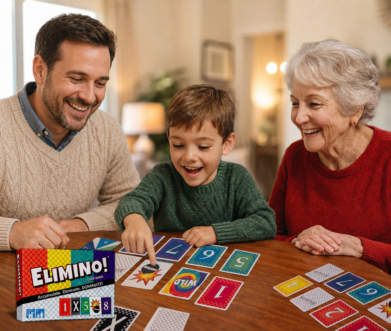 Family playing a card game together in a cozy living room with Elimino box