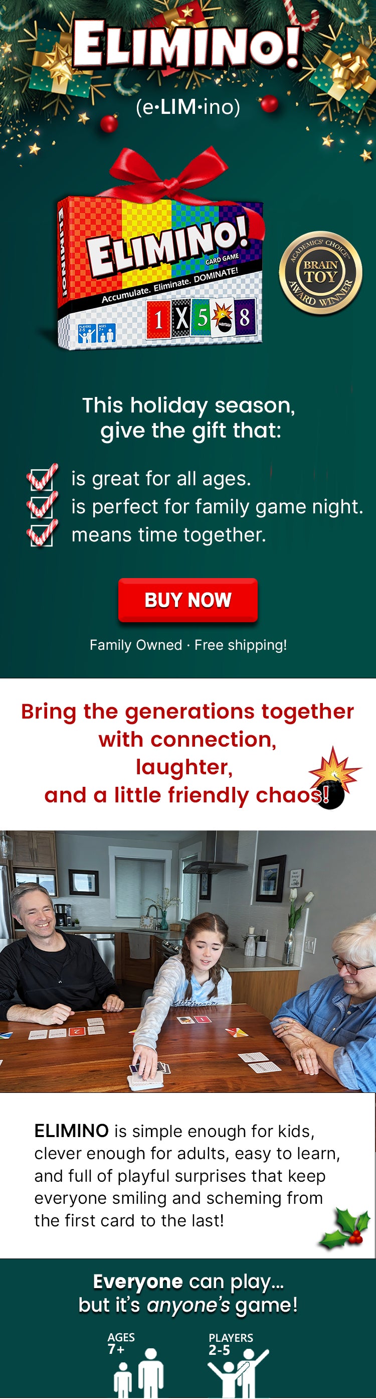 Elimino game gift with family playing at a table and holiday decorations