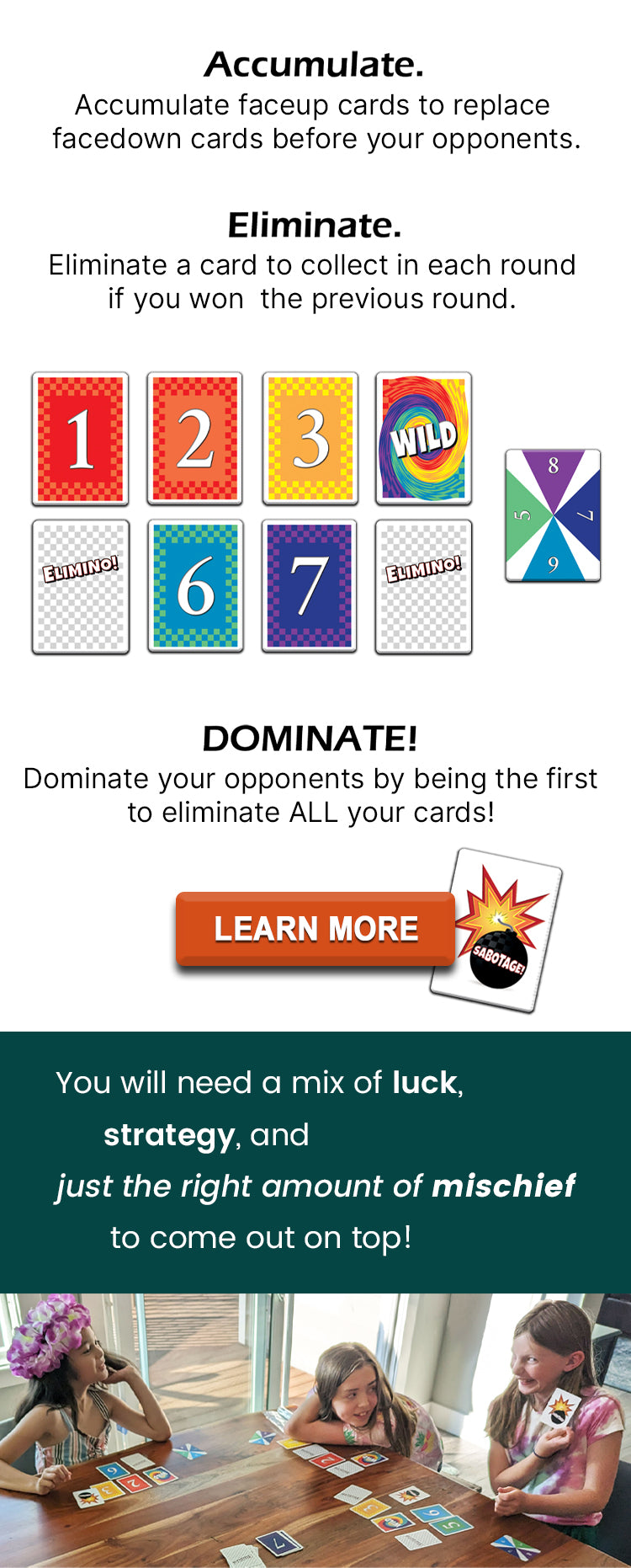 Accumulate, Eliminate, Dominate! with Elimino cards set up