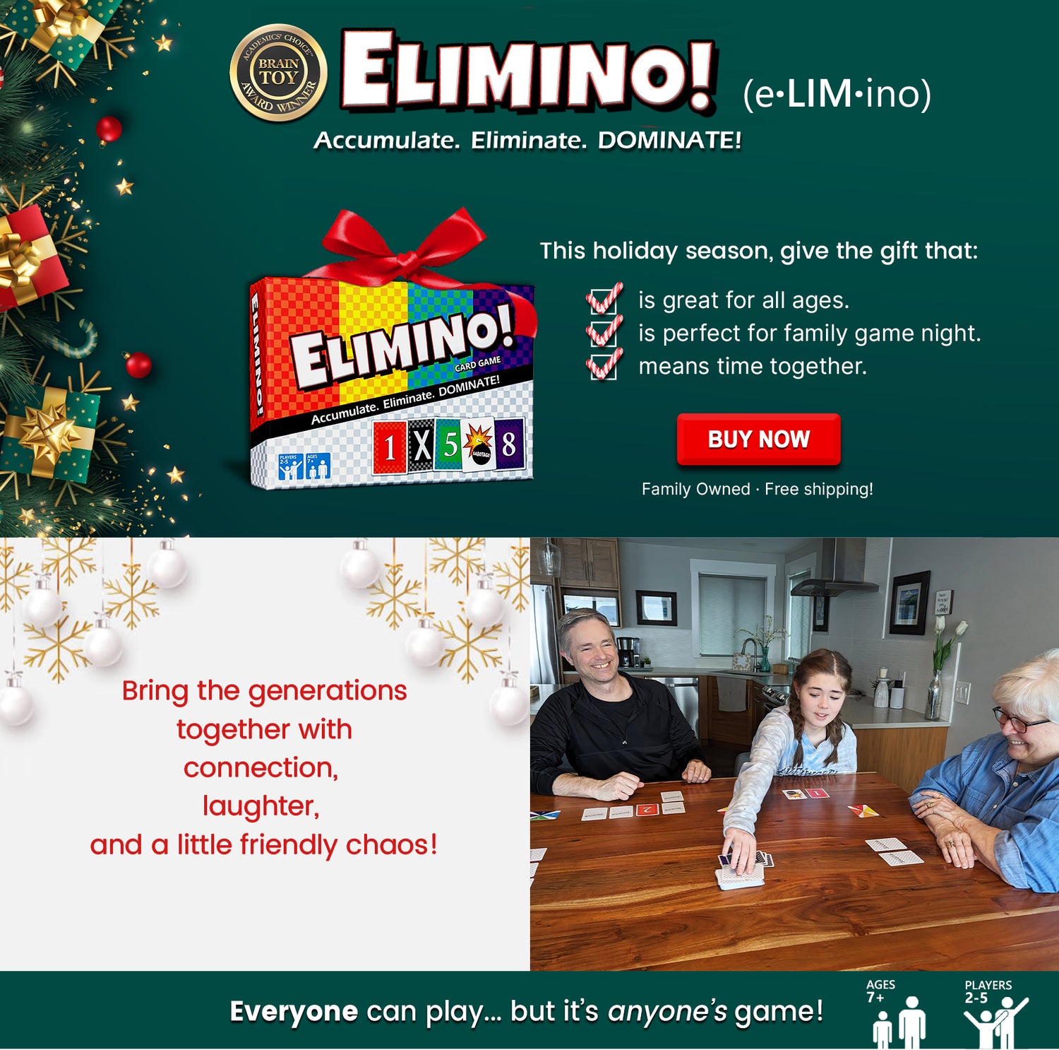 Elimino game gift with family playing at a table and holiday decorations