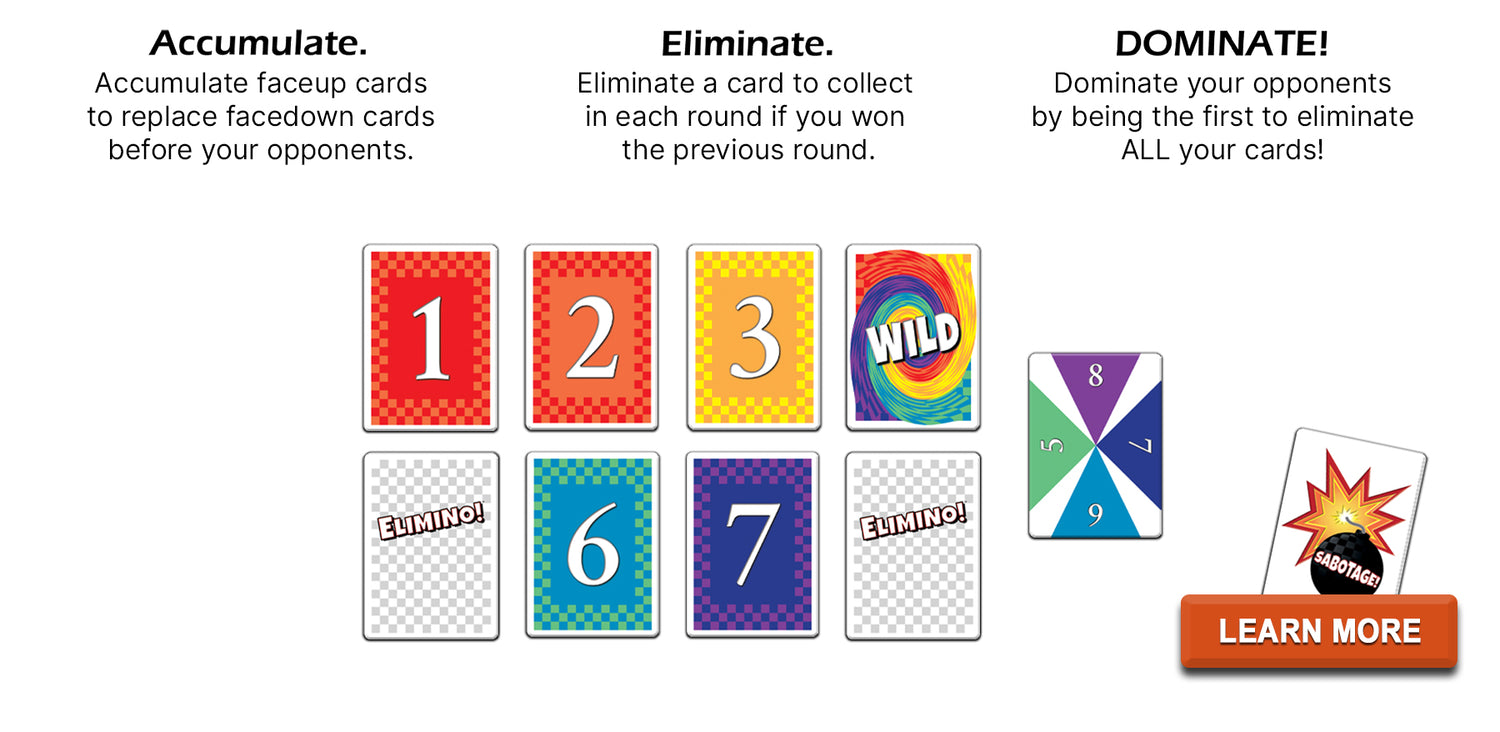 Accumulate, Eliminate, Dominate! with Elimino cards set up