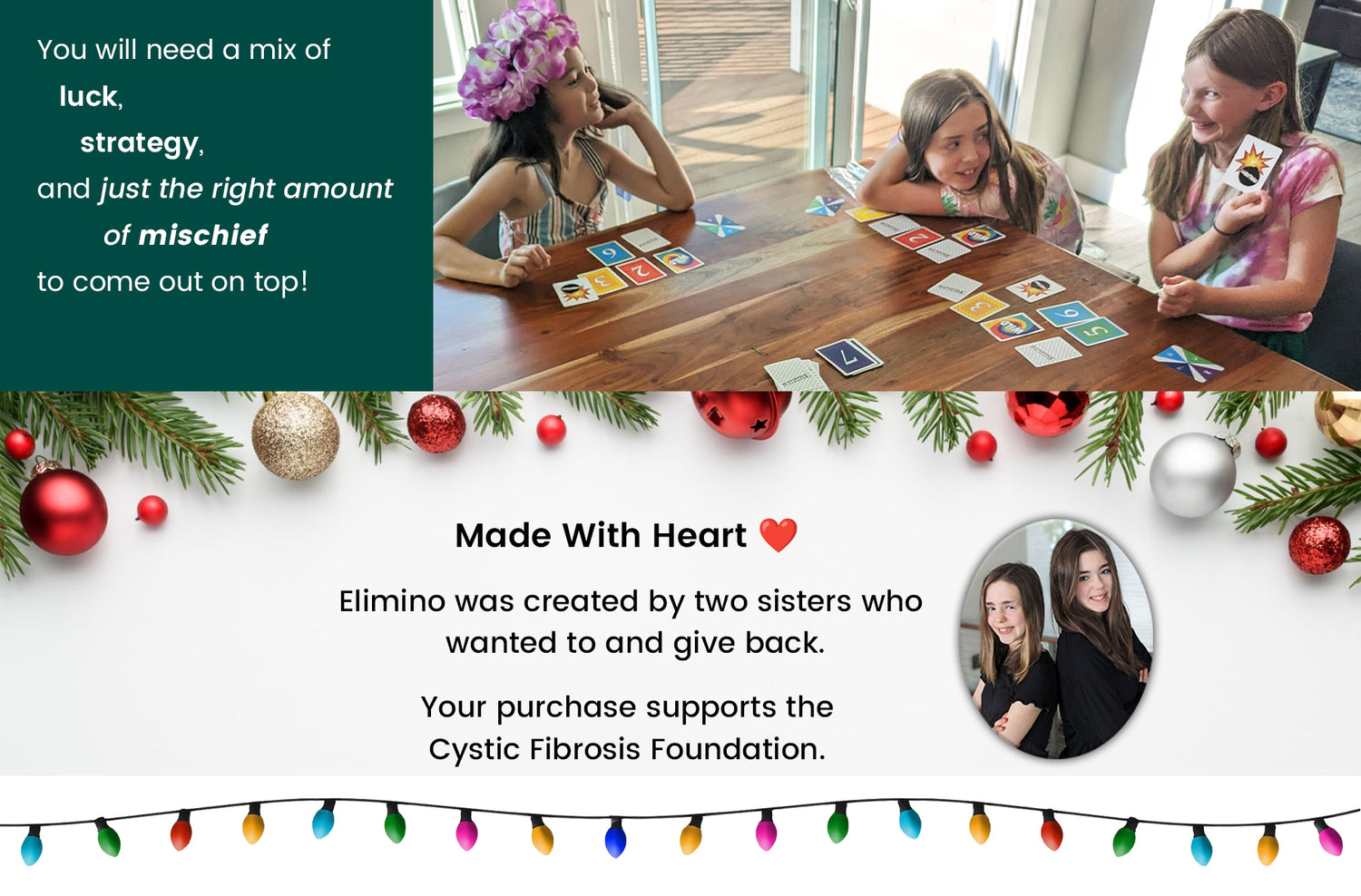 Children playing card games at a table with festive decorations and text about two designer sisters supporting the Cystic Fibrosis Foundation.